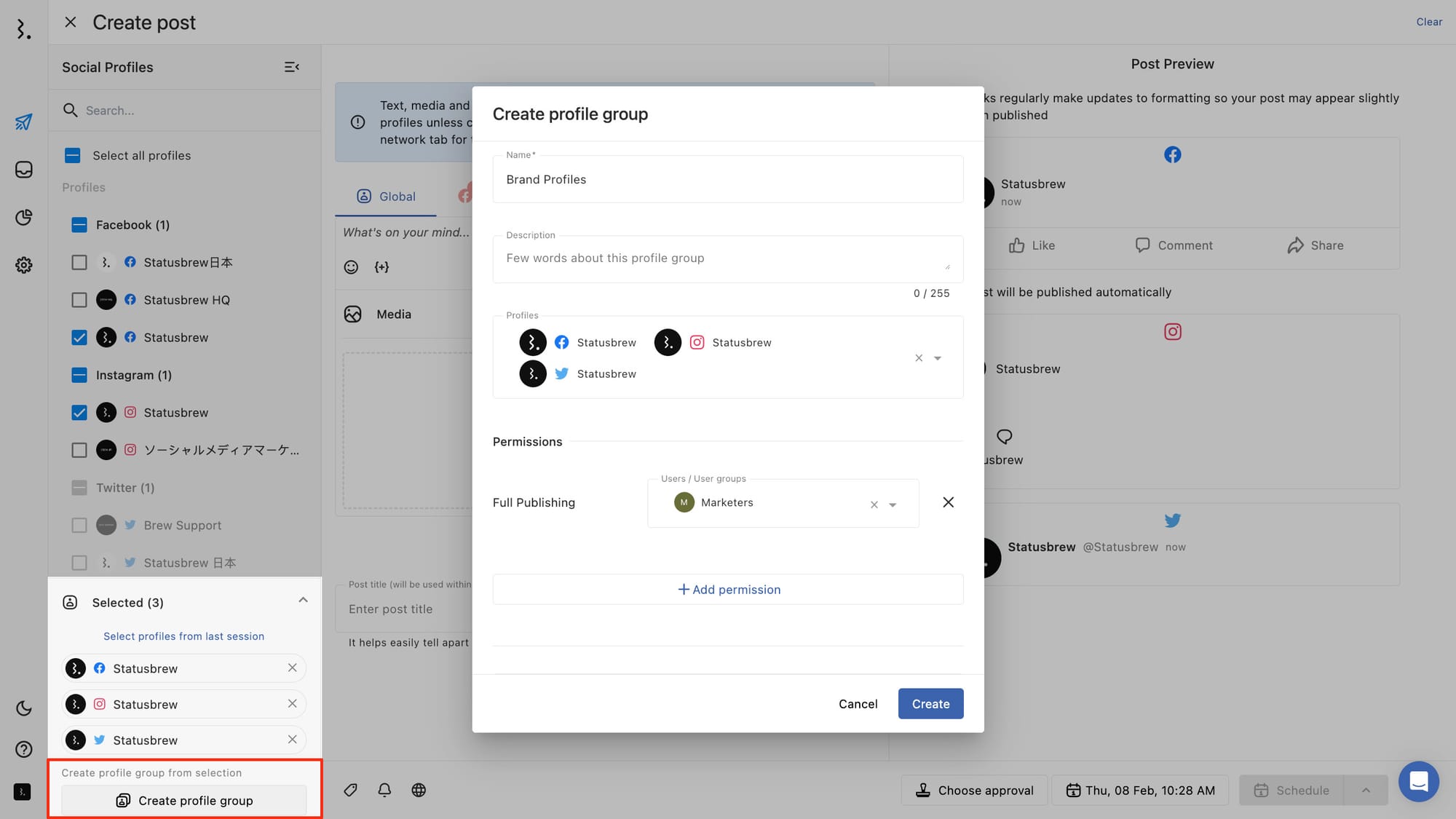 Create profile group-Statusbrew