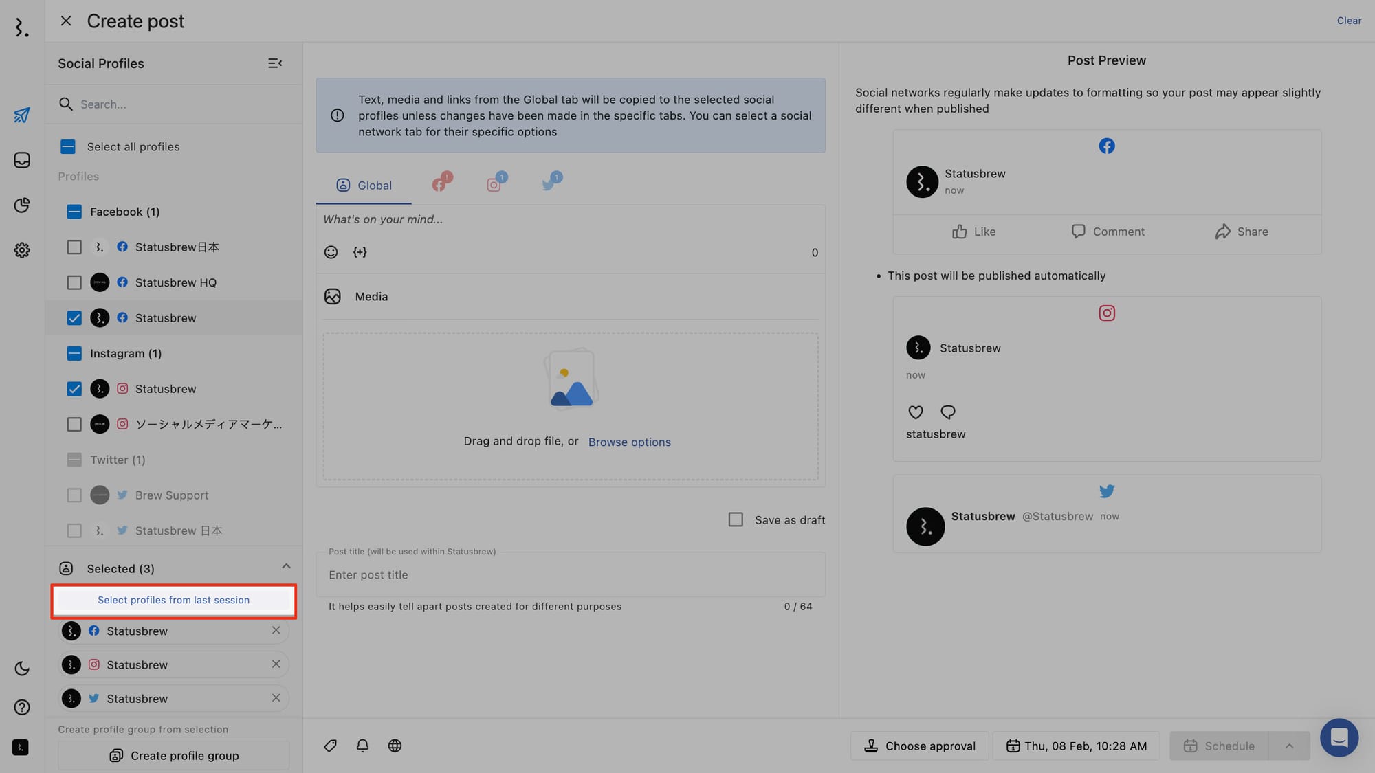 Select profiles from last session-Statusbrew