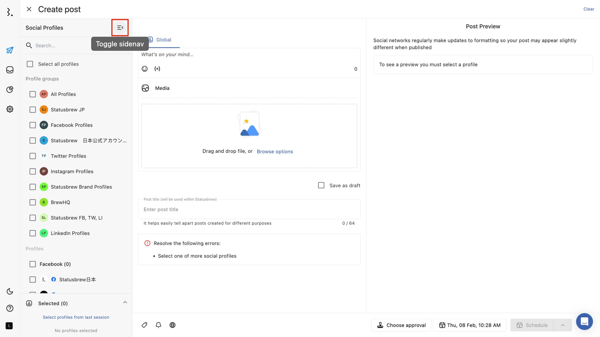 Select your profiles from the sidenav-Statusbrew