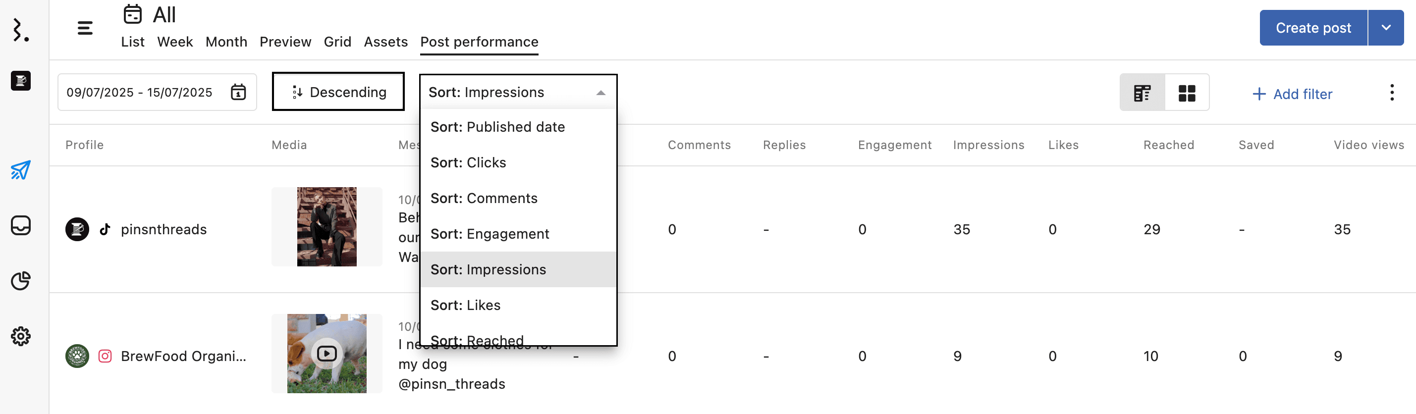 Planner sort the posts