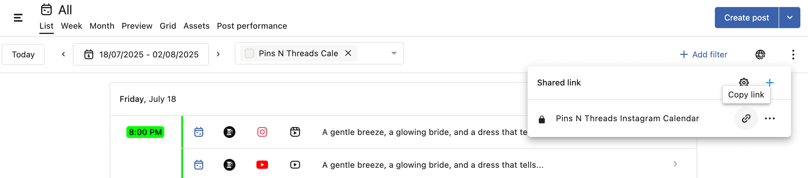 Copy the calendar link
